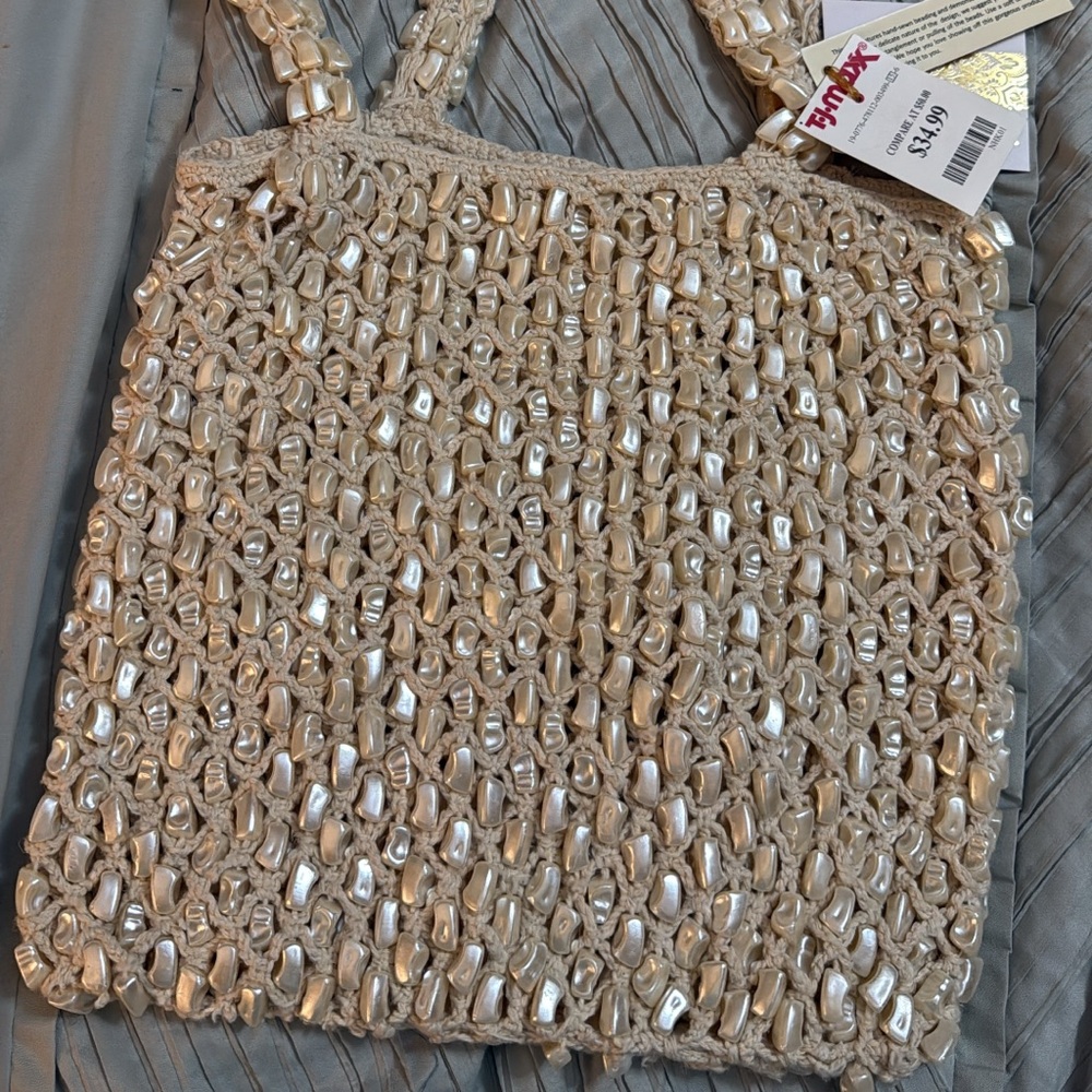 Papaya Pearl-Embellished Beige Crochet Tote